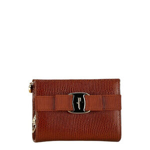 Salvatore Ferragamo Vara Ribbon Embossed Clutch Case Brown Leather